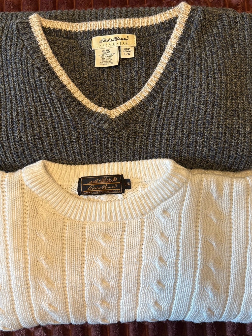 Sweater Bundle - Vintage Eddie Bauer Mens Size Large Cable Knit Ribbed V Neck